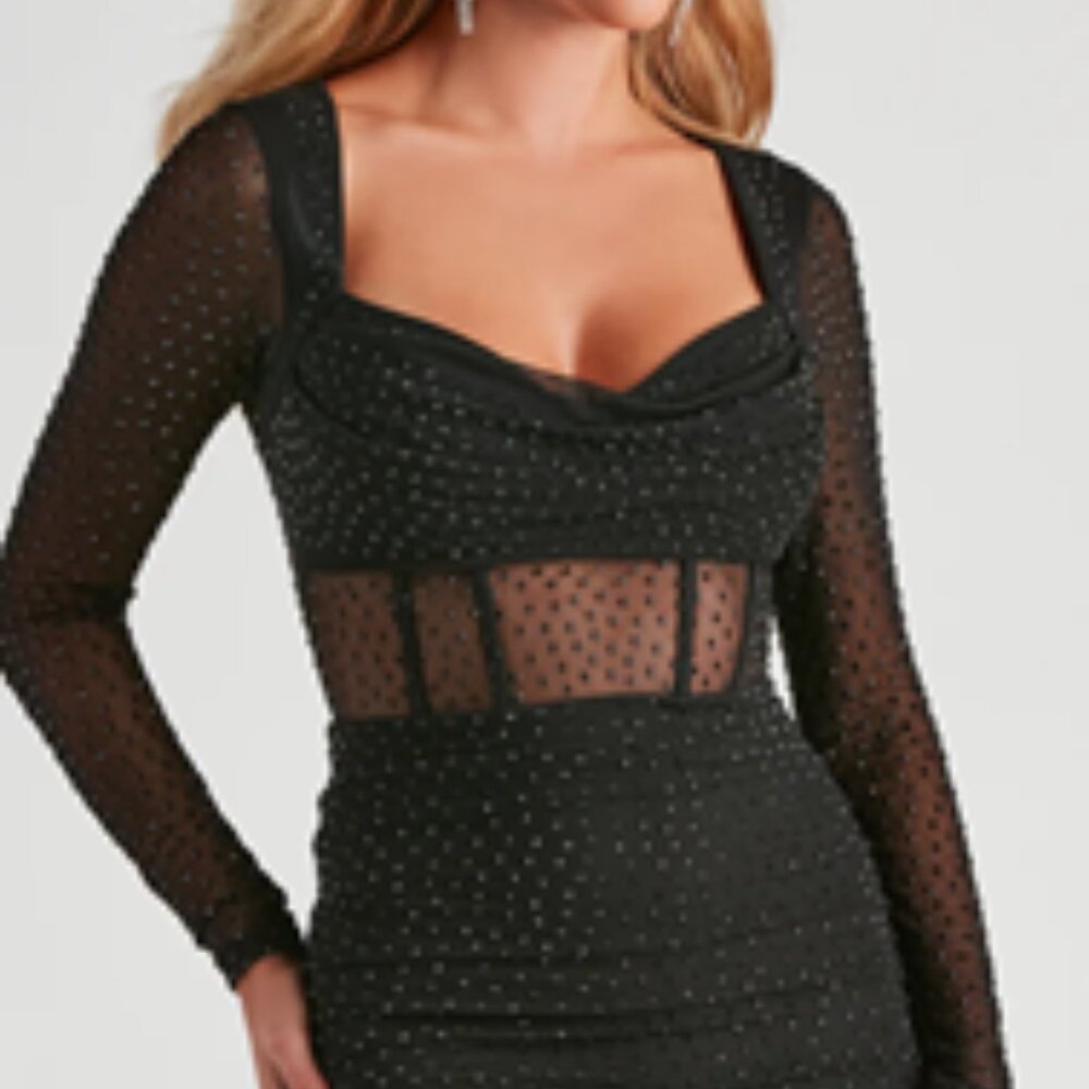 Windsor Black Sheer Polka Dot Long Sleeve Bodycon Dress